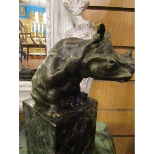 145 - Bronze Sculpture of Seated Rhinoceros on Cube Form Marble Base Approximately 9 Inches High