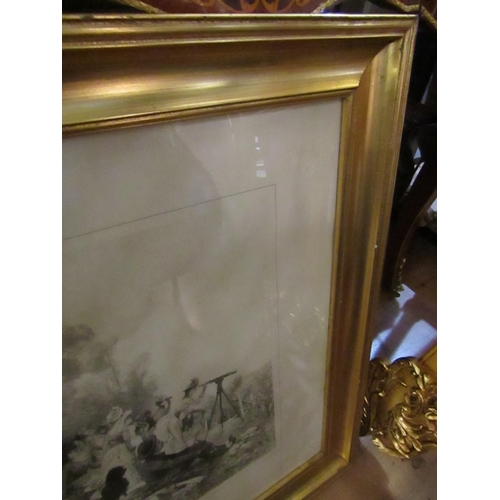 146 - Large Engraving French Depicting Picnic Scene Contained Within Gilded Frame Approximately 32 Inches ... 