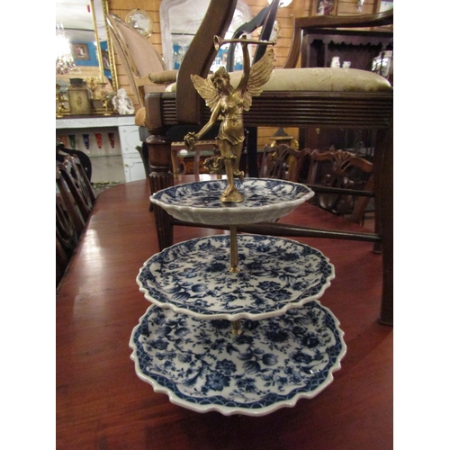 148 - Three Tier Table Centre Piece Porcelain Willow Pattern with Central Ormolu Mounted Angle Motif Suppo... 