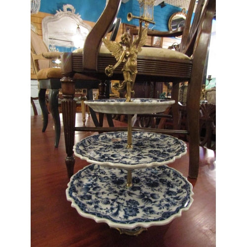 148 - Three Tier Table Centre Piece Porcelain Willow Pattern with Central Ormolu Mounted Angle Motif Suppo... 