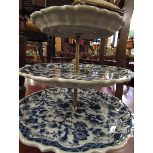 148 - Three Tier Table Centre Piece Porcelain Willow Pattern with Central Ormolu Mounted Angle Motif Suppo... 