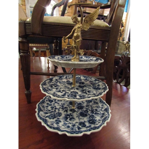 148 - Three Tier Table Centre Piece Porcelain Willow Pattern with Central Ormolu Mounted Angle Motif Suppo... 