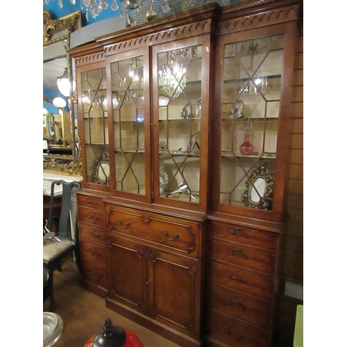 151 - Figured Mahogany Astro Glazed Four Door Bookcase with Fitted Secretaire Drawer Above Cupboard Base B... 