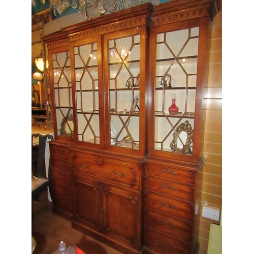 151 - Figured Mahogany Astro Glazed Four Door Bookcase with Fitted Secretaire Drawer Above Cupboard Base B... 