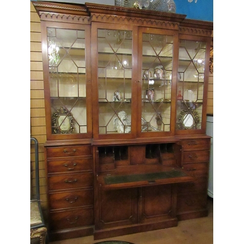 151 - Figured Mahogany Astro Glazed Four Door Bookcase with Fitted Secretaire Drawer Above Cupboard Base B... 