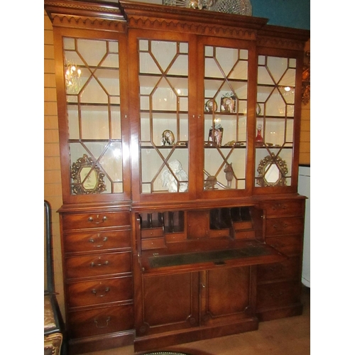 151 - Figured Mahogany Astro Glazed Four Door Bookcase with Fitted Secretaire Drawer Above Cupboard Base B... 