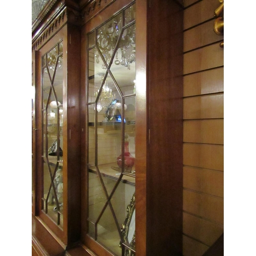 151 - Figured Mahogany Astro Glazed Four Door Bookcase with Fitted Secretaire Drawer Above Cupboard Base B... 