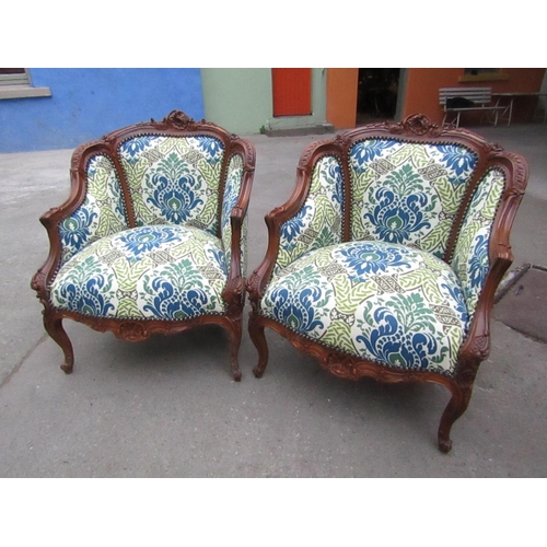 153 - Pair of Carved Mahogany Tub Frame Upholstered Armchairs Shaped Cabriole Supports Generous Form