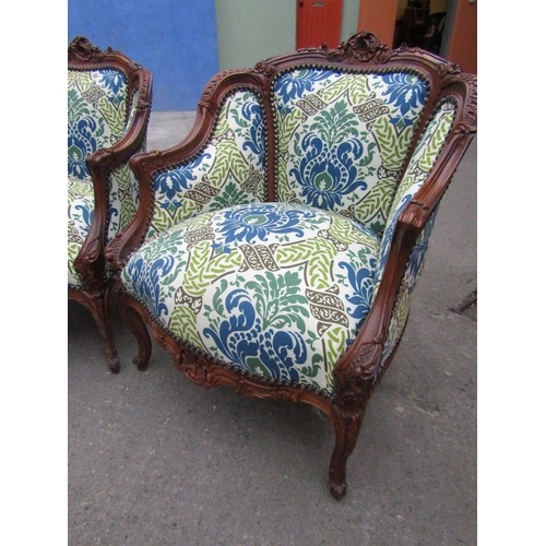 153 - Pair of Carved Mahogany Tub Frame Upholstered Armchairs Shaped Cabriole Supports Generous Form