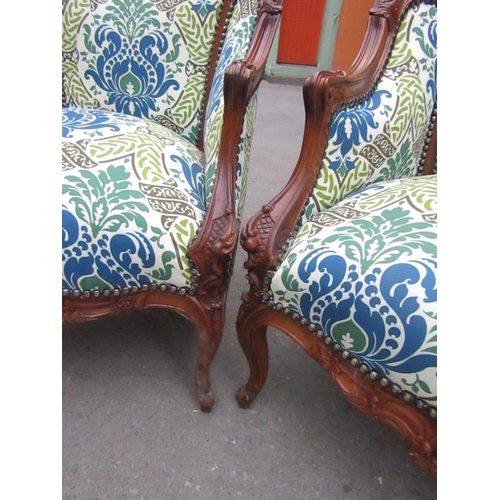 153 - Pair of Carved Mahogany Tub Frame Upholstered Armchairs Shaped Cabriole Supports Generous Form