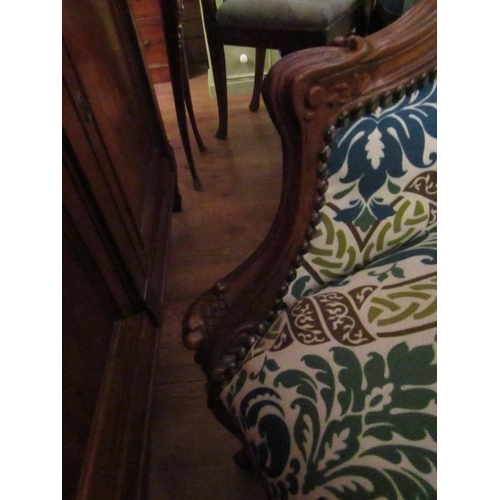 153 - Pair of Carved Mahogany Tub Frame Upholstered Armchairs Shaped Cabriole Supports Generous Form