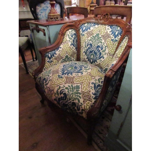 153 - Pair of Carved Mahogany Tub Frame Upholstered Armchairs Shaped Cabriole Supports Generous Form