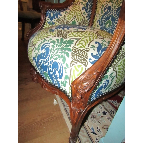 153 - Pair of Carved Mahogany Tub Frame Upholstered Armchairs Shaped Cabriole Supports Generous Form