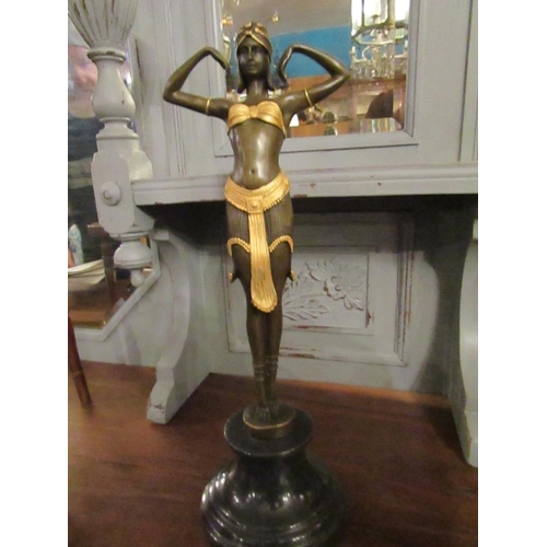 154 - Bronze Sculpture Deco Dancer Gilded Decoration Pedestal Form Marble Base Approximately 16 Inches Hig... 