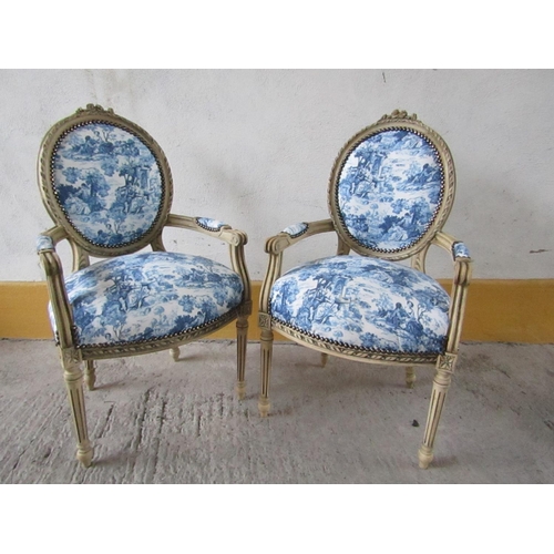 156 - Pair of French Carved Drawing Room Armchairs with Blue Pattern Upholstery Turned and Reeded Supports