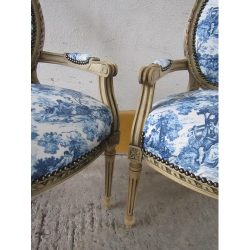 156 - Pair of French Carved Drawing Room Armchairs with Blue Pattern Upholstery Turned and Reeded Supports