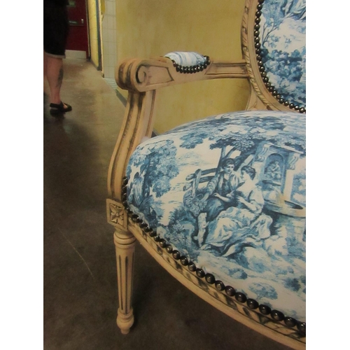 156 - Pair of French Carved Drawing Room Armchairs with Blue Pattern Upholstery Turned and Reeded Supports