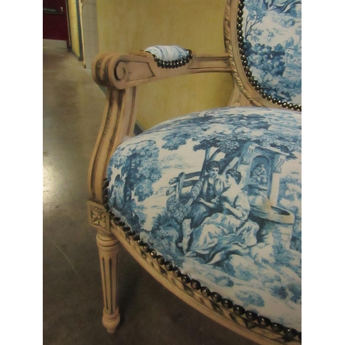 156 - Pair of French Carved Drawing Room Armchairs with Blue Pattern Upholstery Turned and Reeded Supports