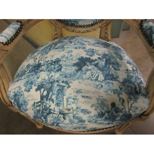 156 - Pair of French Carved Drawing Room Armchairs with Blue Pattern Upholstery Turned and Reeded Supports