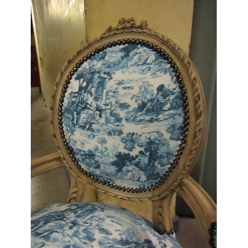 156 - Pair of French Carved Drawing Room Armchairs with Blue Pattern Upholstery Turned and Reeded Supports