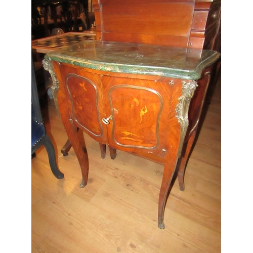 158 - Marquetry Decorated Marble Top Side Cabinet Twin Doors Ormolu Mounted Above Shaped Supports Approxim... 