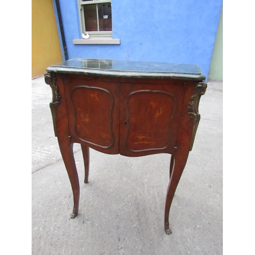 158 - Marquetry Decorated Marble Top Side Cabinet Twin Doors Ormolu Mounted Above Shaped Supports Approxim... 