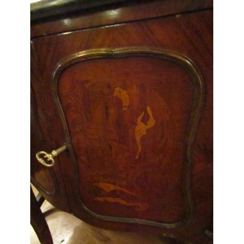 158 - Marquetry Decorated Marble Top Side Cabinet Twin Doors Ormolu Mounted Above Shaped Supports Approxim... 