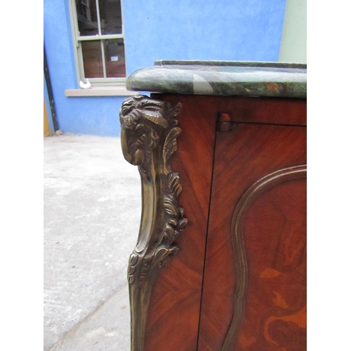 158 - Marquetry Decorated Marble Top Side Cabinet Twin Doors Ormolu Mounted Above Shaped Supports Approxim... 