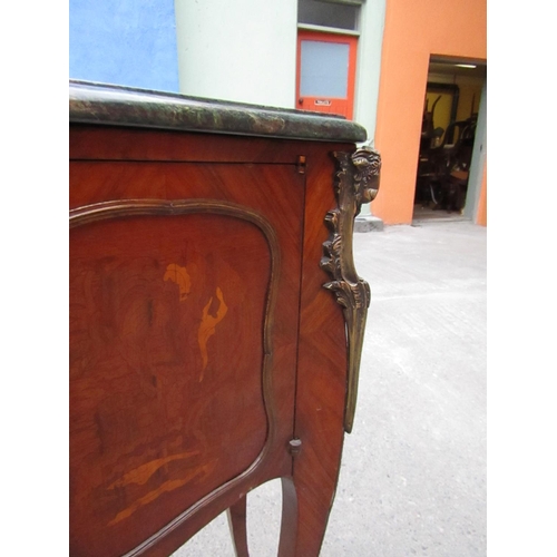 158 - Marquetry Decorated Marble Top Side Cabinet Twin Doors Ormolu Mounted Above Shaped Supports Approxim... 