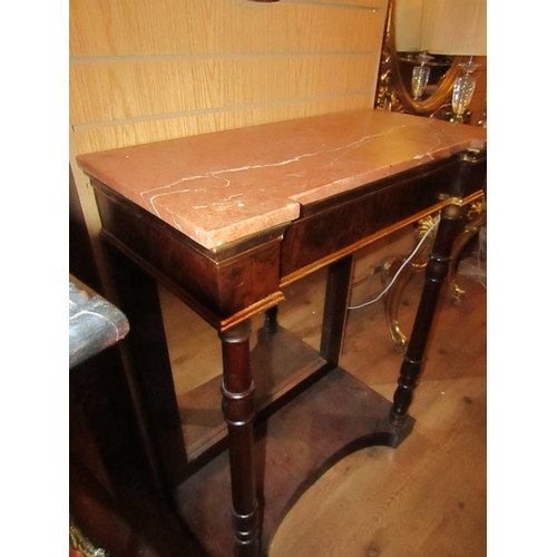 160 - Figured Mahogany Consul Table with Mirrored Back Marble Top Well Turned Column Supports Approximatel... 