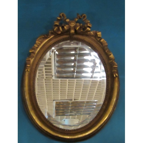 162 - Pair of Gilded Oval Form Wall Mirrors with Upper Ribbon Motif Decoration Each Approximately 22 Inche... 