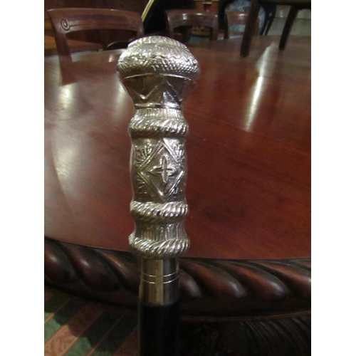 164 - Mahogany Walking Stick with Silver Plated Embossed Decorated Handle Approximately 38 Inches High