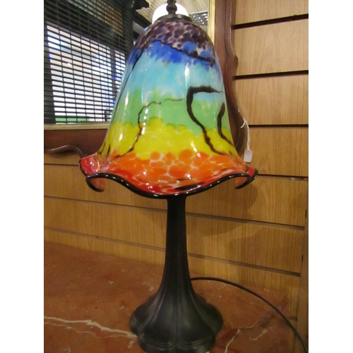 166 - French Coloured Glass Tulip Shaped Bronze Table Lamp Electrified Working Order Approximately 19 Inch... 