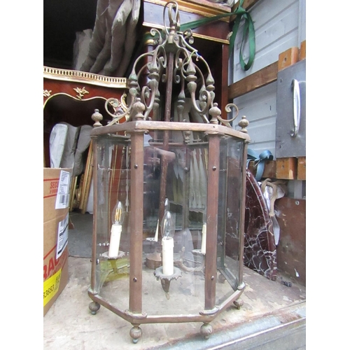 169 - Hexagonal Form Plate Glass Ceiling Lantern Brass Bound with Finial Upper and Lower Decoration Approx... 