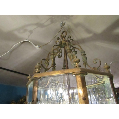 169 - Hexagonal Form Plate Glass Ceiling Lantern Brass Bound with Finial Upper and Lower Decoration Approx... 