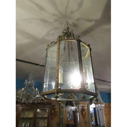 169 - Hexagonal Form Plate Glass Ceiling Lantern Brass Bound with Finial Upper and Lower Decoration Approx... 