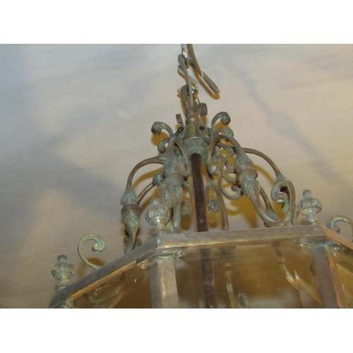 169 - Hexagonal Form Plate Glass Ceiling Lantern Brass Bound with Finial Upper and Lower Decoration Approx... 