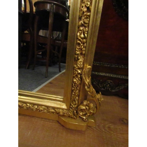 170 - Gilded Over Mantle Mirror Dome Form with Side Carved Decoration Approximately 4ft Wide x 4ft 6 Inche... 