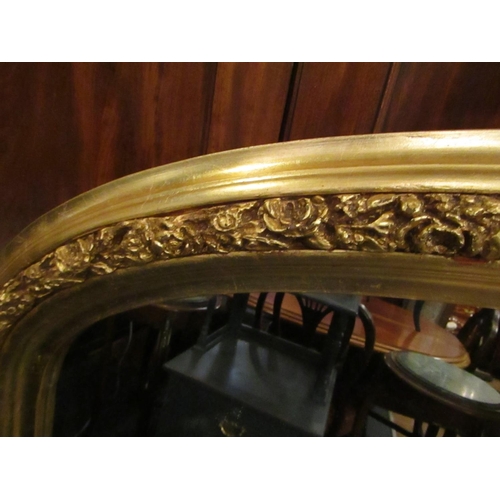 170 - Gilded Over Mantle Mirror Dome Form with Side Carved Decoration Approximately 4ft Wide x 4ft 6 Inche... 