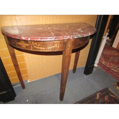 175 - Marble Top Mahogany Marquetry Decorated Demilune Side Table Approximately 32 Inches Wide x 30 Inches... 