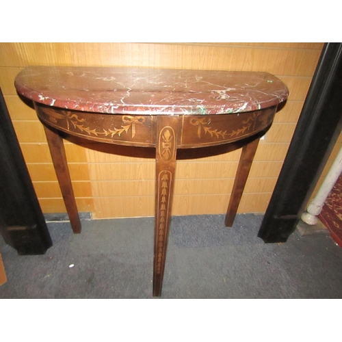 175 - Marble Top Mahogany Marquetry Decorated Demilune Side Table Approximately 32 Inches Wide x 30 Inches... 