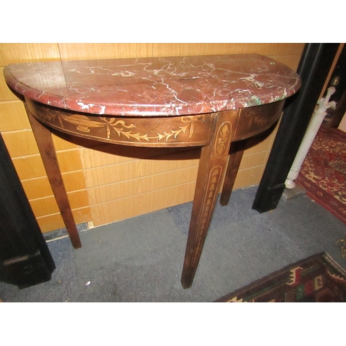 175 - Marble Top Mahogany Marquetry Decorated Demilune Side Table Approximately 32 Inches Wide x 30 Inches... 