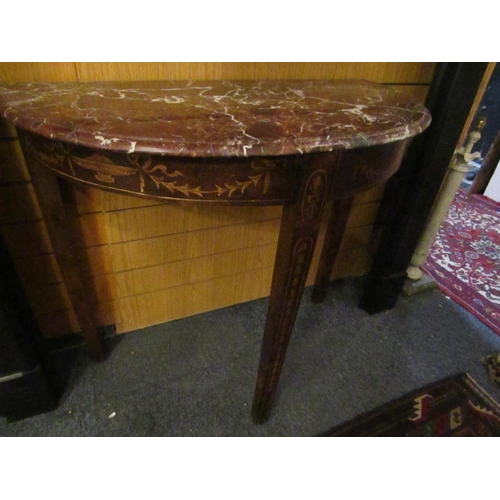 175 - Marble Top Mahogany Marquetry Decorated Demilune Side Table Approximately 32 Inches Wide x 30 Inches... 