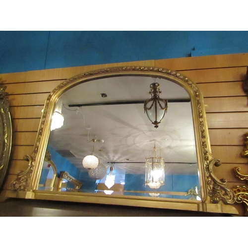 177 - Gilded Over Mantle Mirror Dome Form with Carved Side Decoration Approximately 4ft 4 Inches Wide x 4f... 