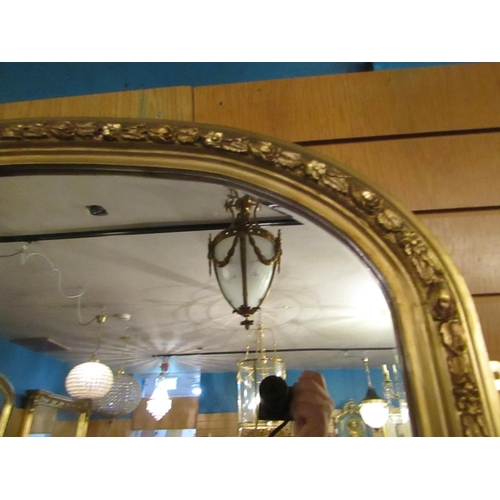 177 - Gilded Over Mantle Mirror Dome Form with Carved Side Decoration Approximately 4ft 4 Inches Wide x 4f... 