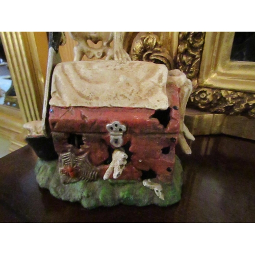 181 - Gruesome Cast Iron Polychrome Decorated Money Bank with Hinged Cover