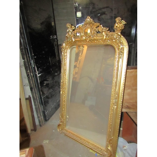 185 - Matching Gilded Wall Mirror Rectangular Form with Cherub Motif Surmounts Approximately 5ft 8 Inches ... 