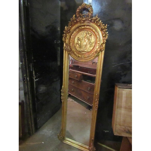 186 - Gilded Pier Mirror Slender Form Approximately 6ft High with Circular Roundel Decoration