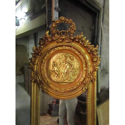 186 - Gilded Pier Mirror Slender Form Approximately 6ft High with Circular Roundel Decoration