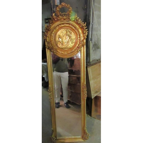 186 - Gilded Pier Mirror Slender Form Approximately 6ft High with Circular Roundel Decoration